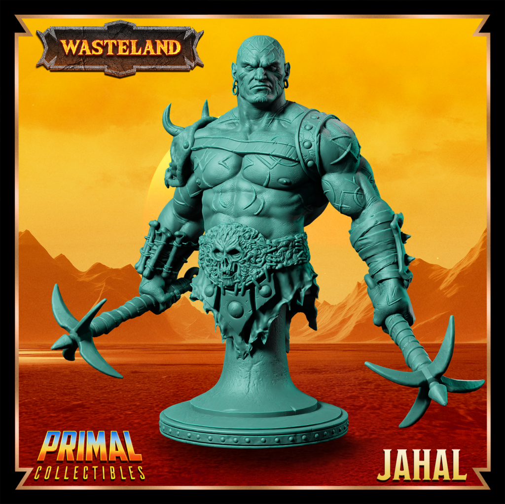 Busto de Mul Jahal, um Mul segurando duas maças em cada mão, com um olhar sereno. Detalhes rústicos e inspirados no cenário pós-apocalíptico de Athas em Darksun.