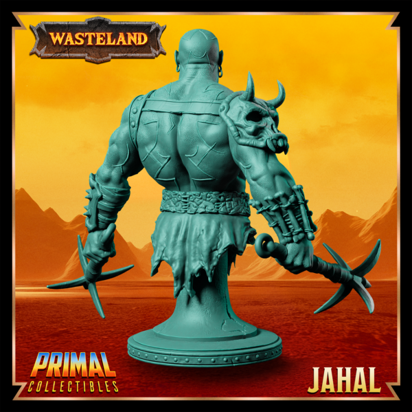 Busto de Mul Jahal, um Mul segurando duas maças em cada mão, com um olhar sereno. Detalhes rústicos e inspirados no cenário pós-apocalíptico de Athas em Darksun.