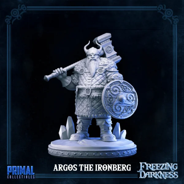Miniatura de Argos, o Ironberg, segurando um martelo de guerra e escudo adornado, perfeito para RPG, pintura e colecionadores.