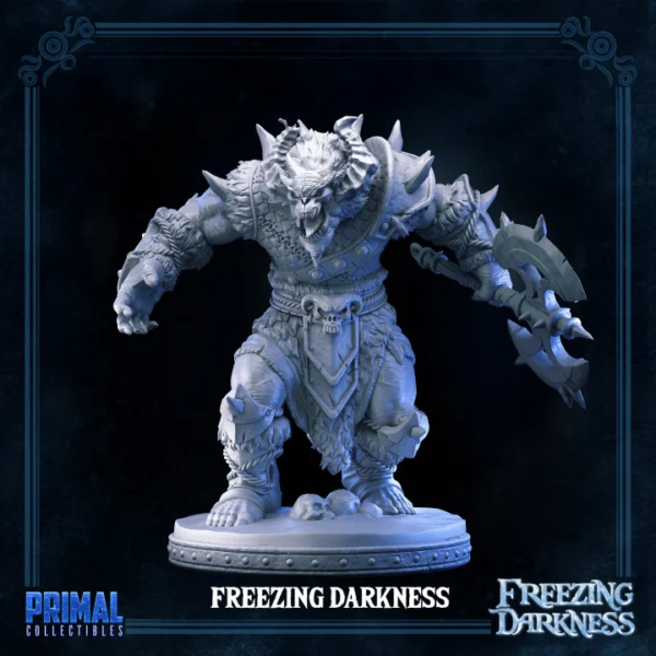 Miniatura detalhada do Freezing Darkness Boss, um abominável Yeti com habilidade de sopro congelante, ideal para RPG, pintura e colecionadores.