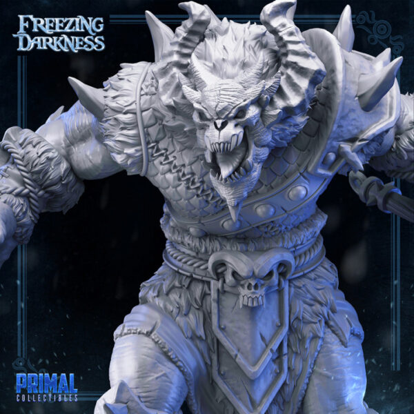 Miniatura detalhada do Freezing Darkness Boss, um abominável Yeti com habilidade de sopro congelante, ideal para RPG, pintura e colecionadores.