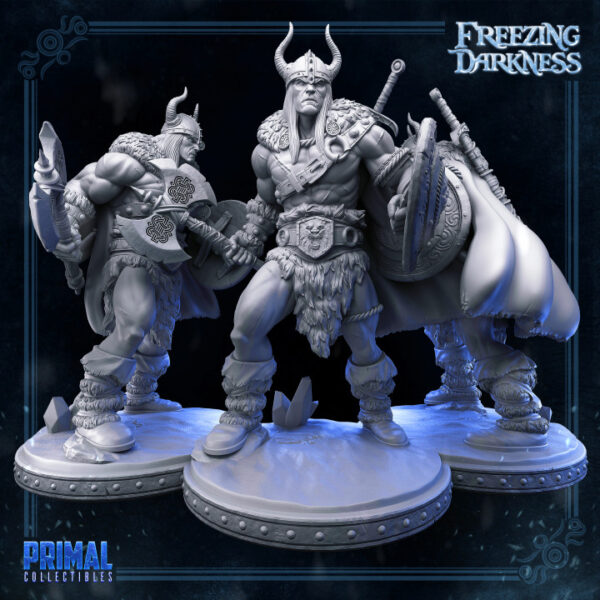 Miniatura do bárbaro Kreyvos com armadura de peles e couro, elmo tribal e machado detalhado, ideal para RPG, pintura e colecionadores.