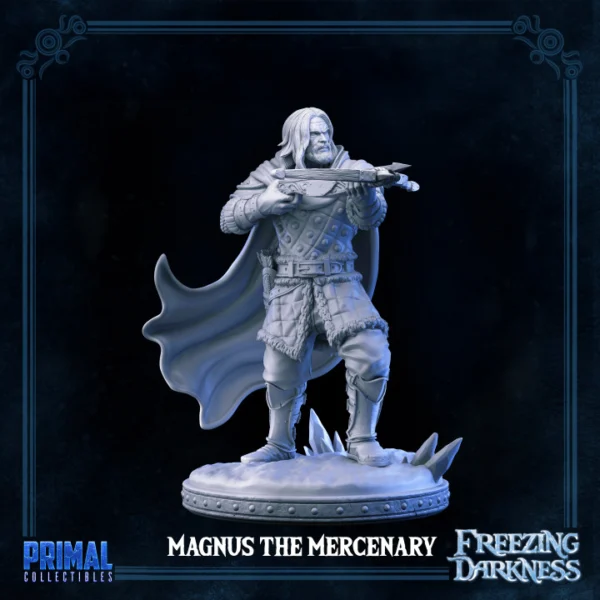Miniatura de Magnus Crossbowman, arqueiro das Dez-Cidades, equipado com uma besta e roupas de combate, ideal para RPG, pintura e colecionadores.