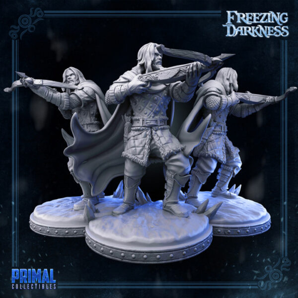 Miniatura de Magnus Crossbowman, arqueiro das Dez-Cidades, equipado com uma besta e roupas de combate, ideal para RPG, pintura e colecionadores.