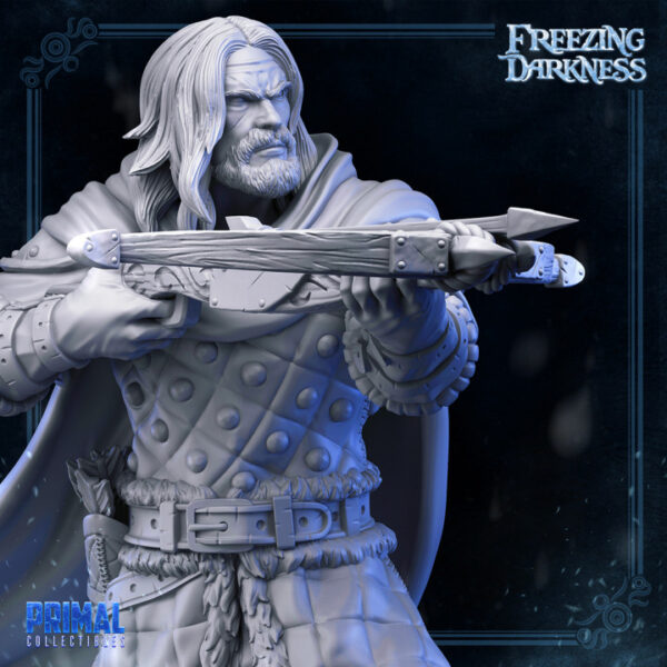Miniatura de Magnus Crossbowman, arqueiro das Dez-Cidades, equipado com uma besta e roupas de combate, ideal para RPG, pintura e colecionadores.