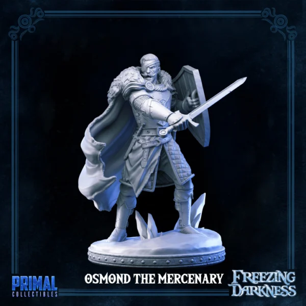 Miniatura de Osmond Scout, mercenário pirata com tapa-olho, espada e escudo, ideal para RPG, pintura e colecionadores.