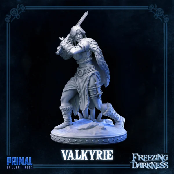 Miniatura da bárbara Valkyrie com armadura de peles e couro, empunhando uma espada longa, perfeita para RPG, pintura e colecionadores.