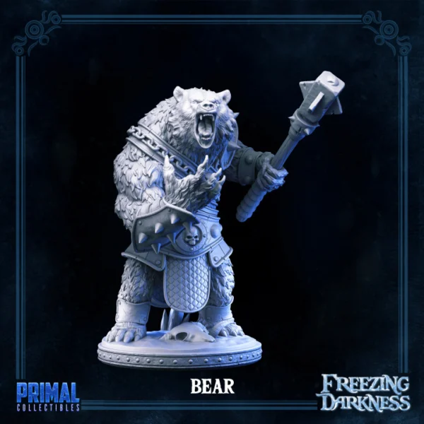 Miniatura do War Bear, um homem-urso com pelos marrons empunhando uma maça, ideal para RPG, pintura e colecionadores.