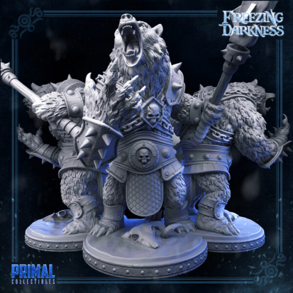 Miniatura do War Bear, um homem-urso com pelos marrons empunhando uma maça, ideal para RPG, pintura e colecionadores.