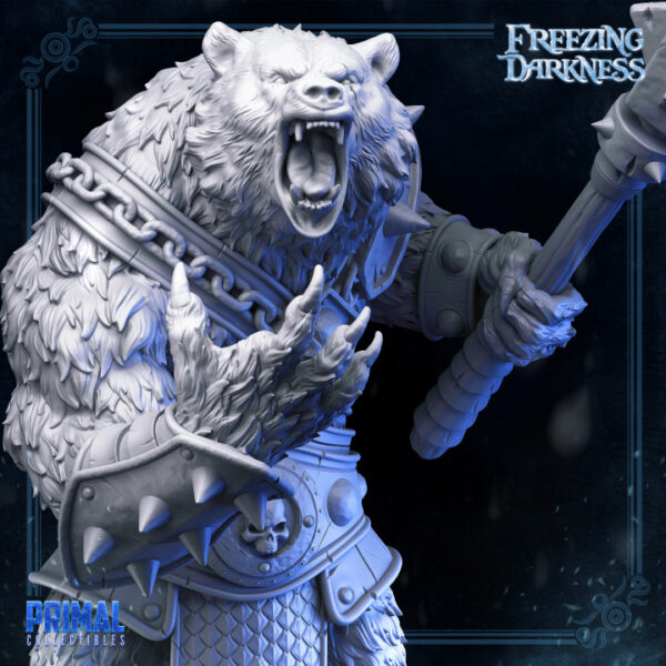 Miniatura do War Bear, um homem-urso com pelos marrons empunhando uma maça, ideal para RPG, pintura e colecionadores.