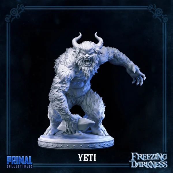 Miniatura de um Yeti de pelo branco-azulado, com postura feroz e garras afiadas, ideal para RPG, pintura e colecionadores.