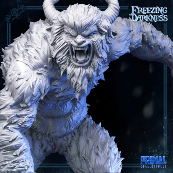 Miniatura de um Yeti de pelo branco-azulado, com postura feroz e garras afiadas, ideal para RPG, pintura e colecionadores.