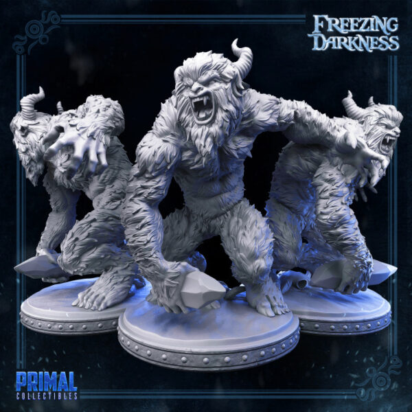 Miniatura de um Yeti de pelo branco-azulado, com postura feroz e garras afiadas, ideal para RPG, pintura e colecionadores.