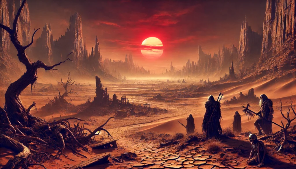 Uma paisagem desértica inspirada no cenário de Dark Sun. O terreno rachado se estende até o horizonte, iluminado por um sol vermelho incandescente. Em primeiro plano, um grupo de personagens musculosos e armados com armas de osso e pedra está de costas, vestidos com armaduras primitivas e gastas, simbolizando a luta pela sobrevivência em um mundo árido e implacável.