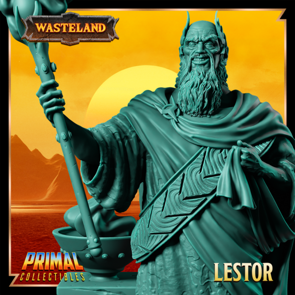 Miniatura de King Lestor – um Sorcerer King humano da coleção Wasteland da Primal Collectibles, inspirado em Dark Sun, segurando um cajado, com um sorriso sádico e expressão manipuladora.