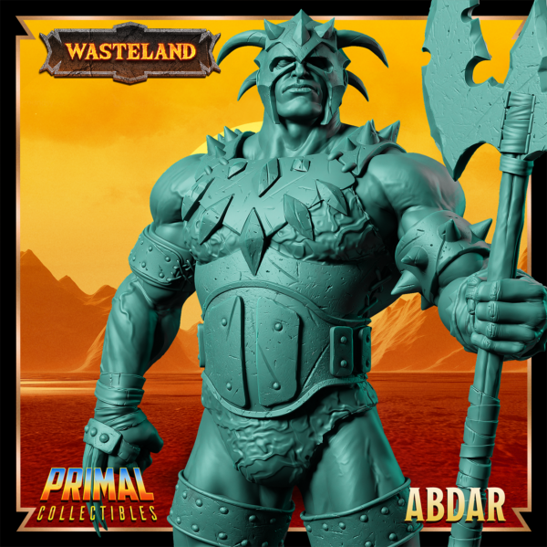 Miniatura de Abdar – um guerreiro humano extremamente forte da coleção Wasteland da Primal Collectibles, inspirado em Dark Sun, segurando um machado de duas lâminas em posição de combate.