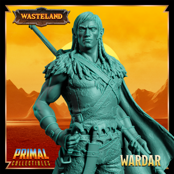 Miniatura de Wardar – um elfo guerreiro da coleção Wasteland da Primal Collectibles, inspirado em Dark Sun, segurando uma lança de duas mãos, com uma espada embainhada e expressão serena e concentrada.