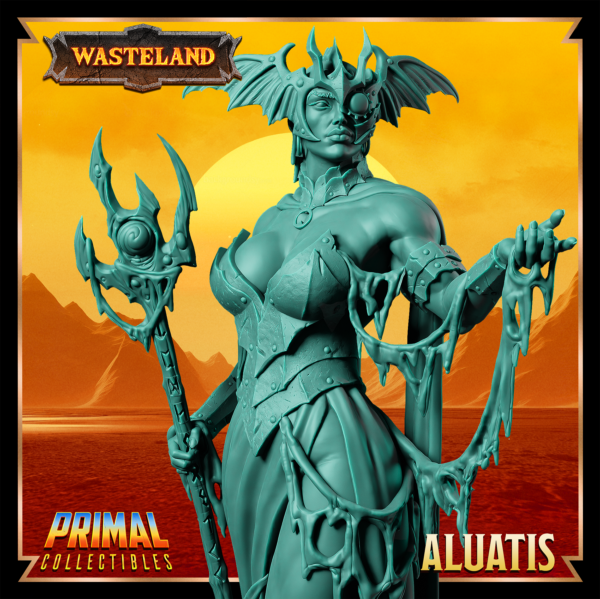 Miniatura de Aluatis – uma guerreira humana da coleção Wasteland da Primal Collectibles, inspirada em Dark Sun, segurando um tridente de duas mãos com olhar controlador e físico imponente.