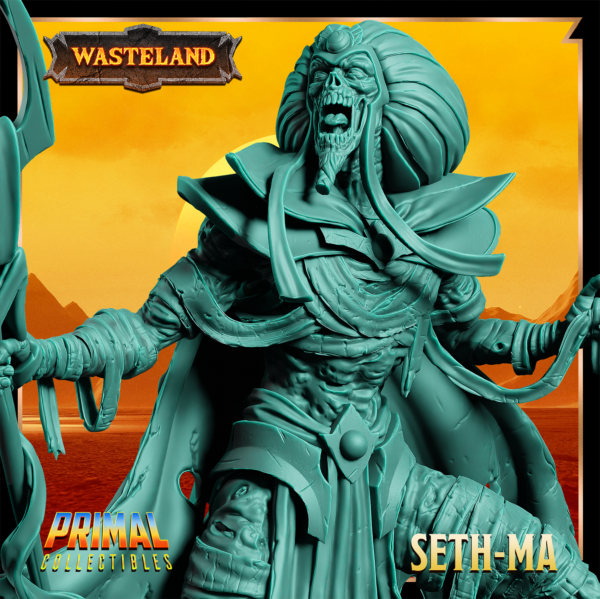 Miniatura de Seth-Ma – um Sorcerer King mumificado da coleção Wasteland da Primal Collectibles, inspirado em Dark Sun, com pose implacável e presença sombria.