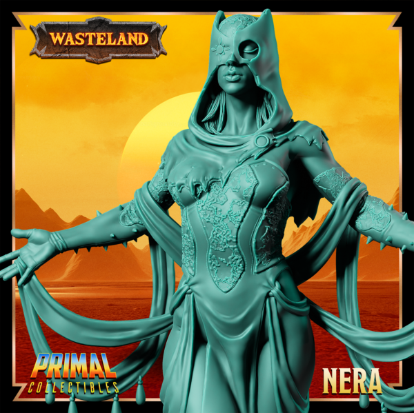 Miniatura de Nera – uma Pscionics flutuante da coleção Wasteland da Primal Collectibles, inspirada em Dark Sun, com capuz-máscara, vestido imponente e pose intimidadora.
