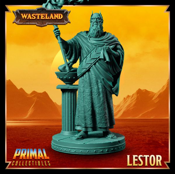Miniatura de King Lestor – um Sorcerer King humano da coleção Wasteland da Primal Collectibles, inspirado em Dark Sun, segurando um cajado, com um sorriso sádico e expressão manipuladora.
