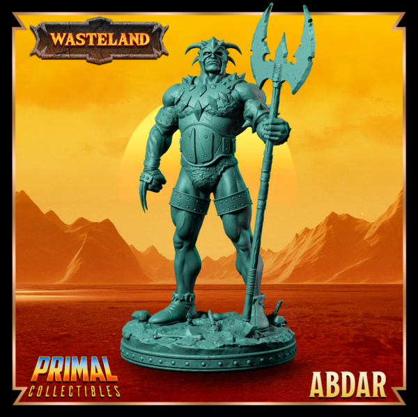 Miniatura de Abdar – um guerreiro humano extremamente forte da coleção Wasteland da Primal Collectibles, inspirado em Dark Sun, segurando um machado de duas lâminas em posição de combate.