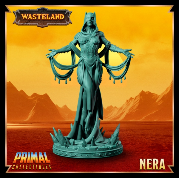 Miniatura de Nera – uma Pscionics flutuante da coleção Wasteland da Primal Collectibles, inspirada em Dark Sun, com capuz-máscara, vestido imponente e pose intimidadora.