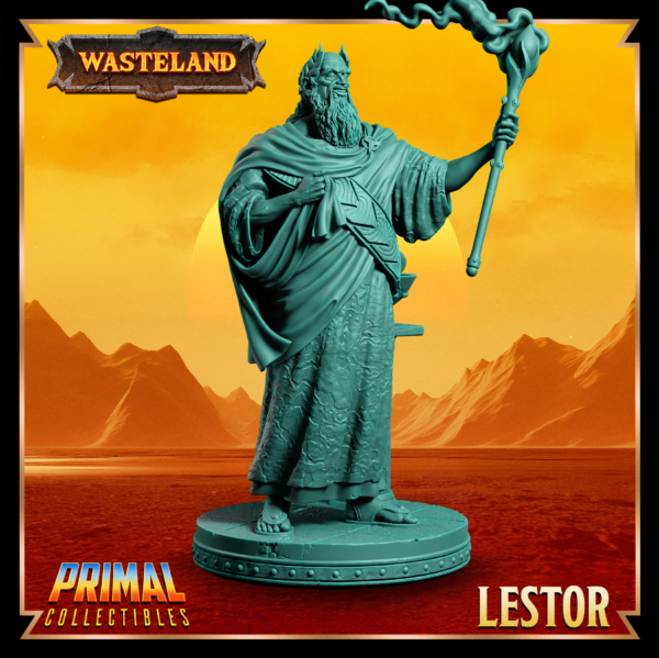 Miniatura de King Lestor – um Sorcerer King humano da coleção Wasteland da Primal Collectibles, inspirado em Dark Sun, segurando um cajado, com um sorriso sádico e expressão manipuladora.