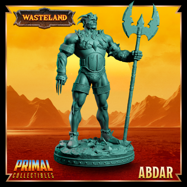 Miniatura de Abdar – um guerreiro humano extremamente forte da coleção Wasteland da Primal Collectibles, inspirado em Dark Sun, segurando um machado de duas lâminas em posição de combate.