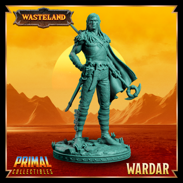 Miniatura de Wardar – um elfo guerreiro da coleção Wasteland da Primal Collectibles, inspirado em Dark Sun, segurando uma lança de duas mãos, com uma espada embainhada e expressão serena e concentrada.