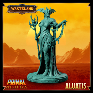 Miniatura de Aluatis – uma guerreira humana da coleção Wasteland da Primal Collectibles, inspirada em Dark Sun, segurando um tridente de duas mãos com olhar controlador e físico imponente.