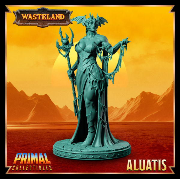 Miniatura de Aluatis – uma guerreira humana da coleção Wasteland da Primal Collectibles, inspirada em Dark Sun, segurando um tridente de duas mãos com olhar controlador e físico imponente.