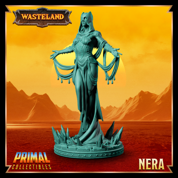 Miniatura de Nera – uma Pscionics flutuante da coleção Wasteland da Primal Collectibles, inspirada em Dark Sun, com capuz-máscara, vestido imponente e pose intimidadora.