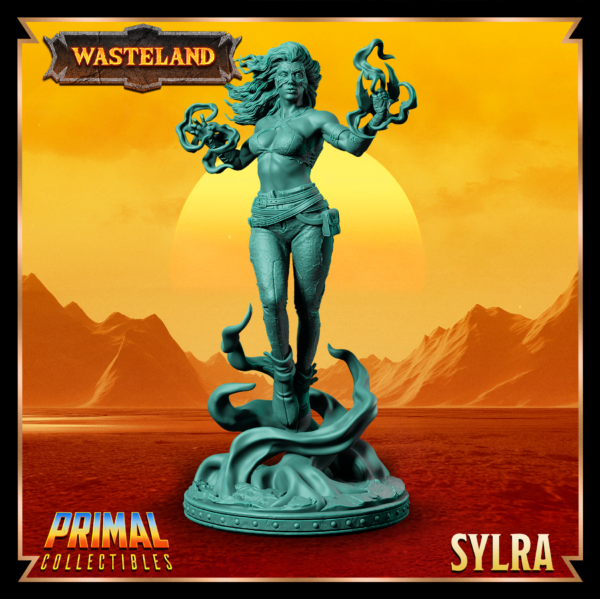 Miniatura de Syldra – uma bruxa poderosa da coleção Wasteland da Primal Collectibles, inspirada em Dark Sun, com pose imponente e olhar enigmático.