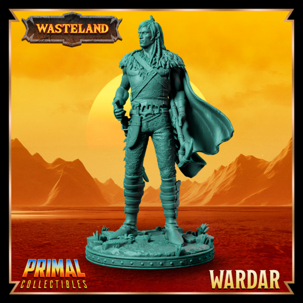 Miniatura de Wardar – um elfo guerreiro da coleção Wasteland da Primal Collectibles, inspirado em Dark Sun, segurando uma lança de duas mãos, com uma espada embainhada e expressão serena e concentrada.