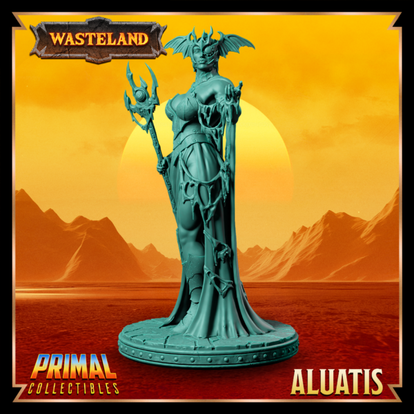 Miniatura de Aluatis – uma guerreira humana da coleção Wasteland da Primal Collectibles, inspirada em Dark Sun, segurando um tridente de duas mãos com olhar controlador e físico imponente.