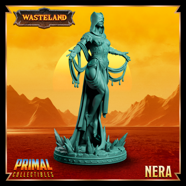 Miniatura de Nera – uma Pscionics flutuante da coleção Wasteland da Primal Collectibles, inspirada em Dark Sun, com capuz-máscara, vestido imponente e pose intimidadora.