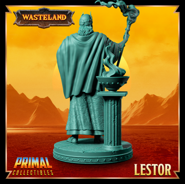 Miniatura de King Lestor – um Sorcerer King humano da coleção Wasteland da Primal Collectibles, inspirado em Dark Sun, segurando um cajado, com um sorriso sádico e expressão manipuladora.