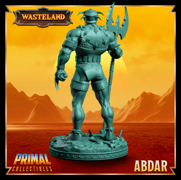 Miniatura de Abdar – um guerreiro humano extremamente forte da coleção Wasteland da Primal Collectibles, inspirado em Dark Sun, segurando um machado de duas lâminas em posição de combate.