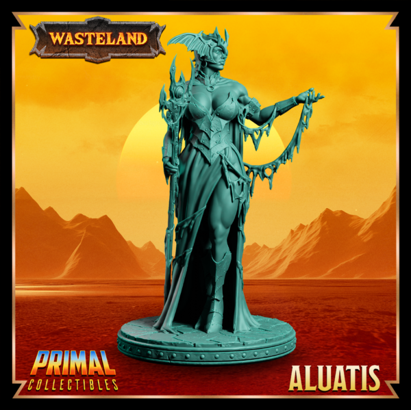 Miniatura de Aluatis – uma guerreira humana da coleção Wasteland da Primal Collectibles, inspirada em Dark Sun, segurando um tridente de duas mãos com olhar controlador e físico imponente.