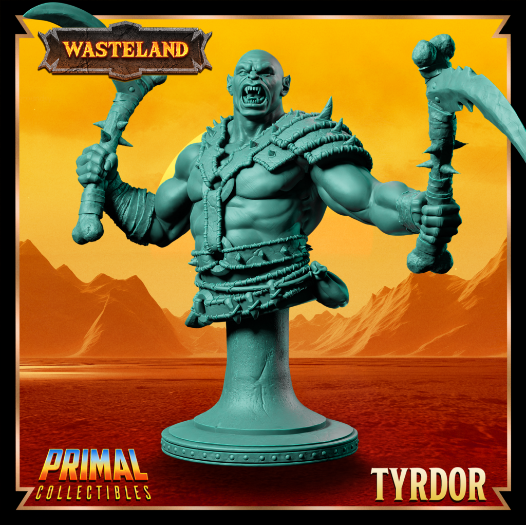 Busto de Trydor Mul Wild, um Mul segurando duas maças em cada mão, com um olhar sereno. Detalhes rústicos e inspirados no cenário pós-apocalíptico de Athas em Darksun.