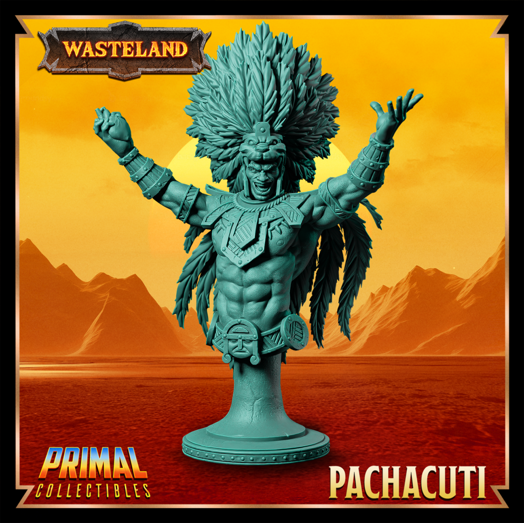 Busto de Pachacuti, Sorcerer King. Detalhes rústicos e inspirados no cenário pós-apocalíptico de Athas em Darksun, perfeito para pintores e colecionadores.