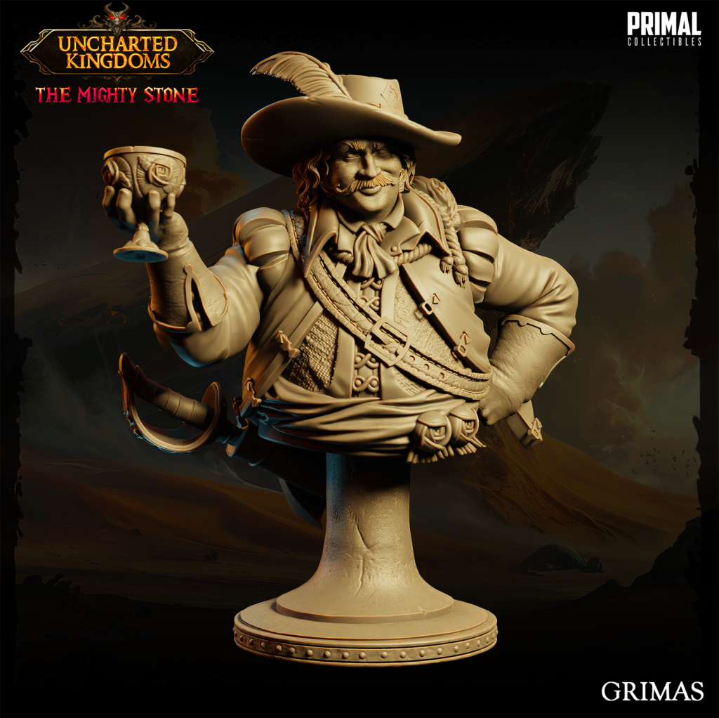 Busto de Grimas, Moneylender. Coleção Uncharted Kingdoms da Primal Collectibles, perfeito para pintores e colecionadores.