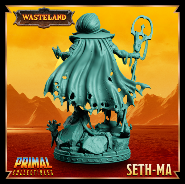 Miniatura de Seth-Ma – um Sorcerer King mumificado da coleção Wasteland da Primal Collectibles, inspirado em Dark Sun, com pose implacável e presença sombria.