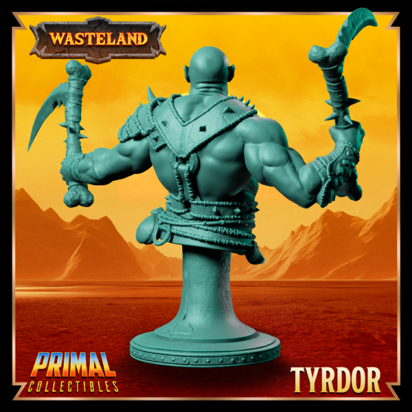 Busto de Trydor Mul Wild, um Mul segurando duas maças em cada mão, com um olhar sereno. Detalhes rústicos e inspirados no cenário pós-apocalíptico de Athas em Darksun.