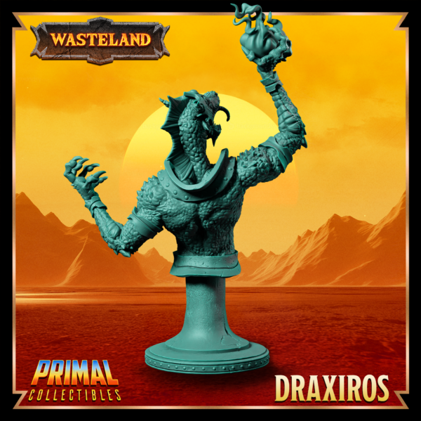 Busto de Draxiros, Sorcerer King. Detalhes rústicos e inspirados no cenário pós-apocalíptico de Athas em Darksun, perfeito para pintores e colecionadores.