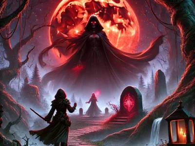 Ilustração de uma Aventura One-Shot de RPG em uma floresta sombria iluminada pela luz de uma lua vermelha, com uma feiticeira ameaçadora próxima a um altar de pedra e uma caçadora corajosa segurando uma arma enquanto observa o caminho em direção à feiticeira.