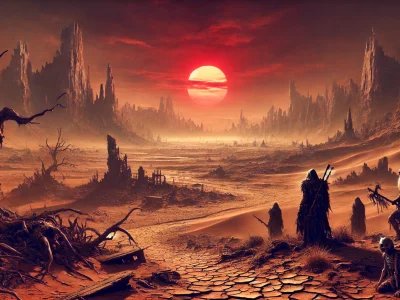 Uma paisagem desértica inspirada no cenário de Dark Sun. O terreno rachado se estende até o horizonte, iluminado por um sol vermelho incandescente. Em primeiro plano, um grupo de personagens musculosos e armados com armas de osso e pedra está de costas, vestidos com armaduras primitivas e gastas, simbolizando a luta pela sobrevivência em um mundo árido e implacável.