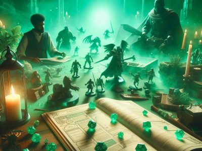 Mesa de RPG de mesa com várias miniaturas detalhadas, livros e dados, representando uma aventura emocionante de fantasia.